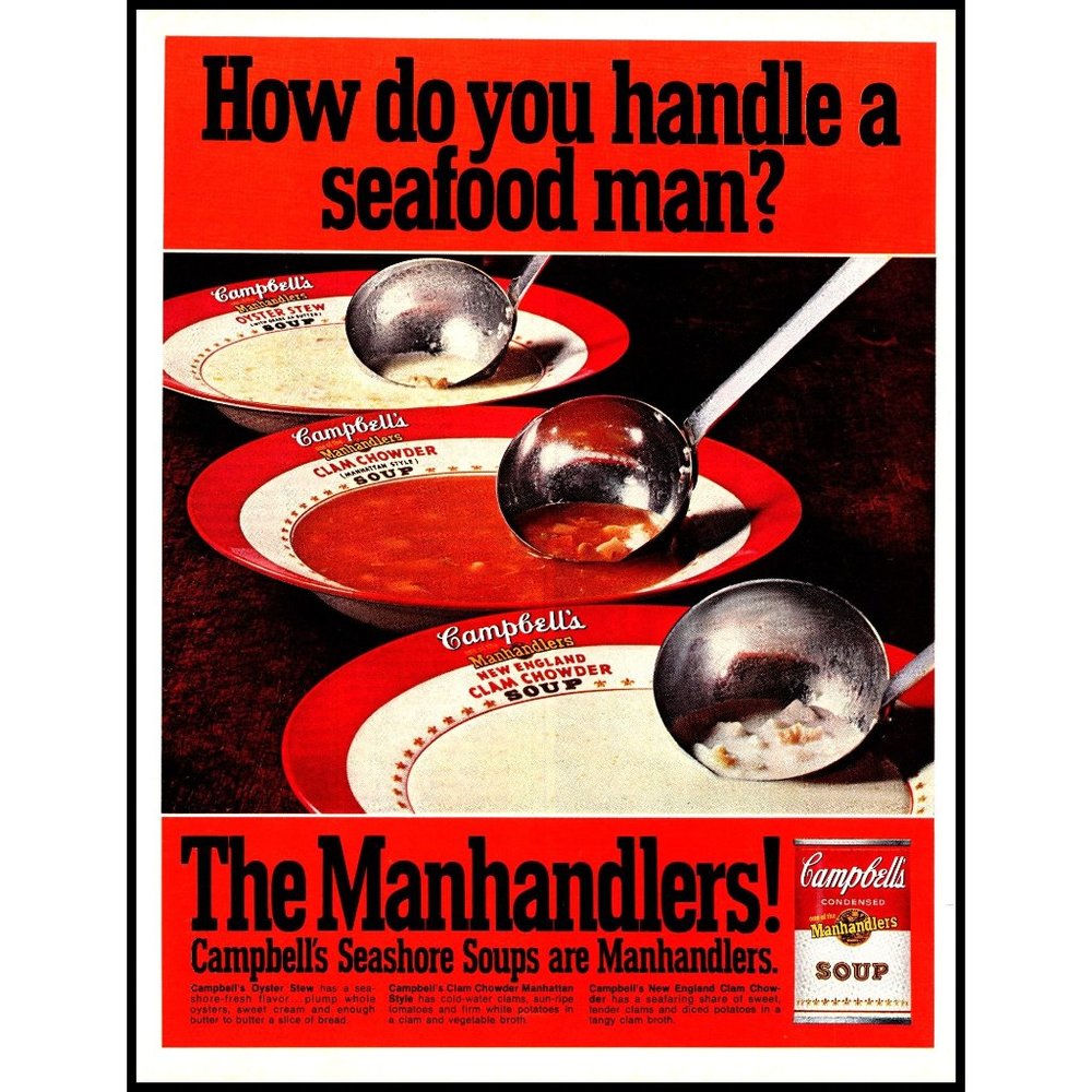 1970 Campbell's Seafood Soup Chowders Vintage Print Ad The Manhandlers Wall Art